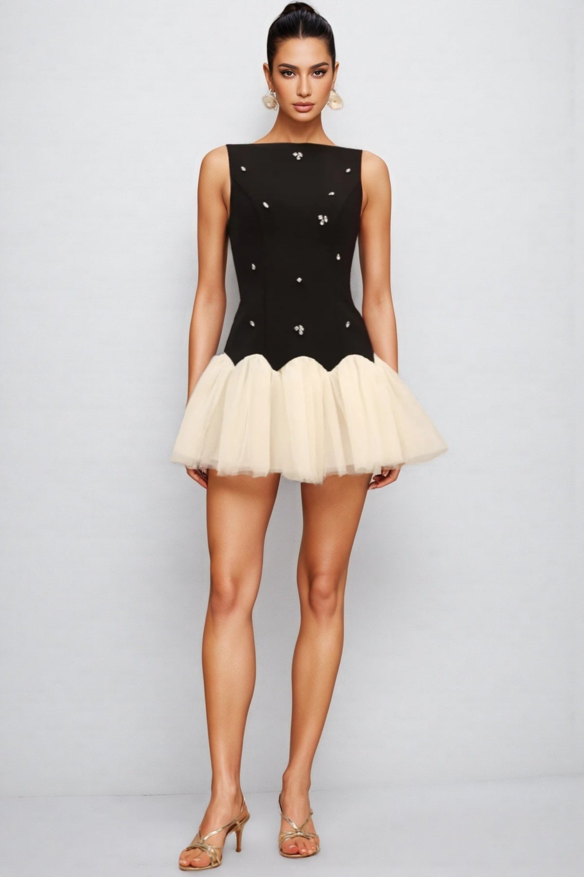 Rhinestone Boat Neck Scalloped Drop Waist Tulle Mini Dress