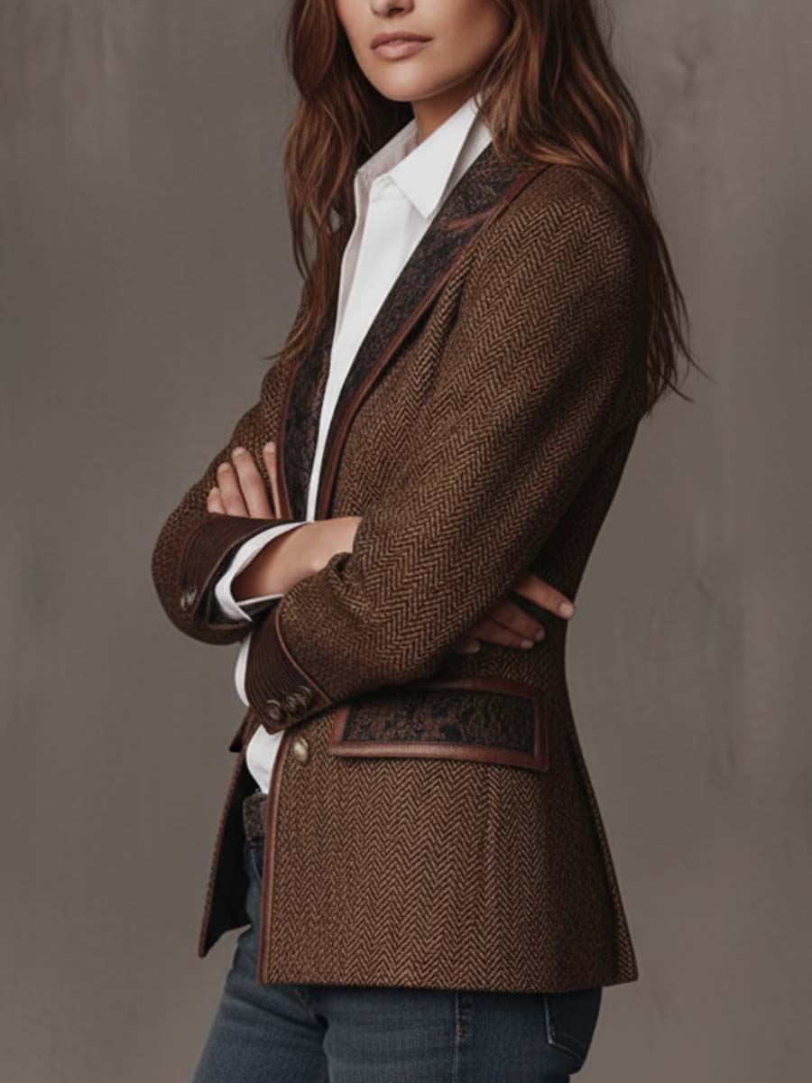 Herringbone Tweed Paisley Panel Faux Leather Trim Blazer 3