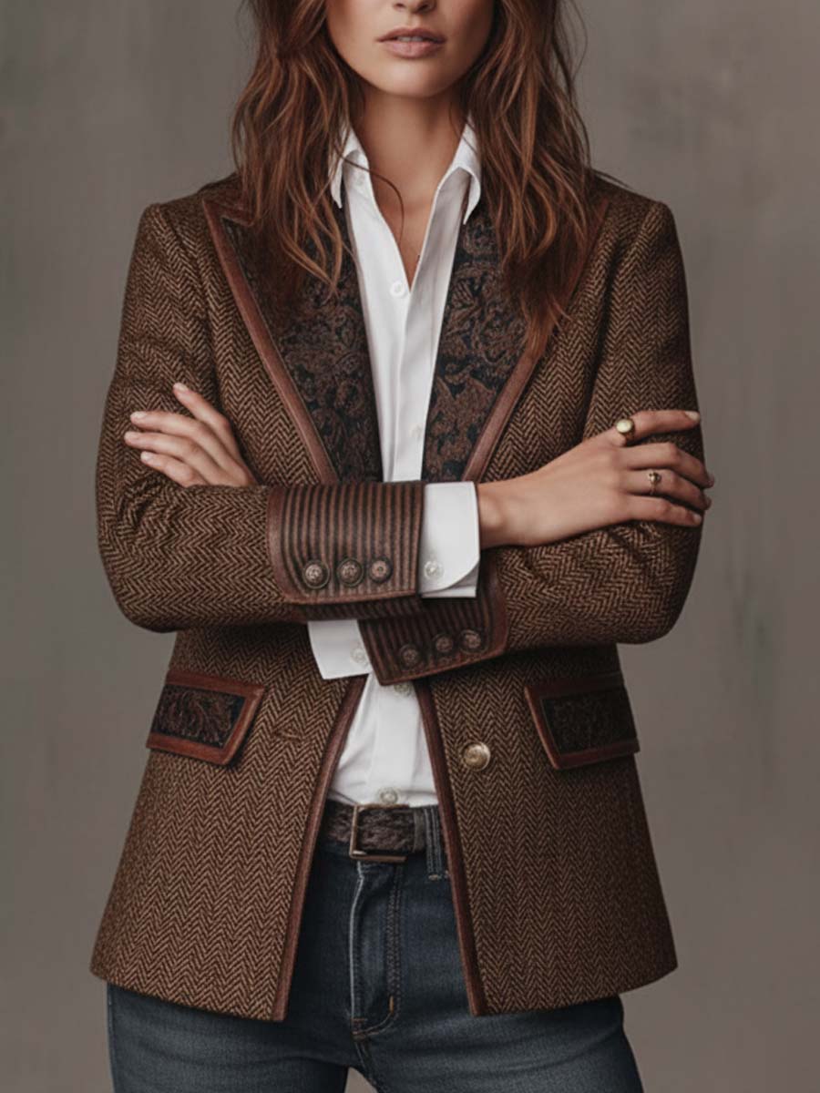 Herringbone Tweed Paisley Panel Faux Leather Trim Blazer 2