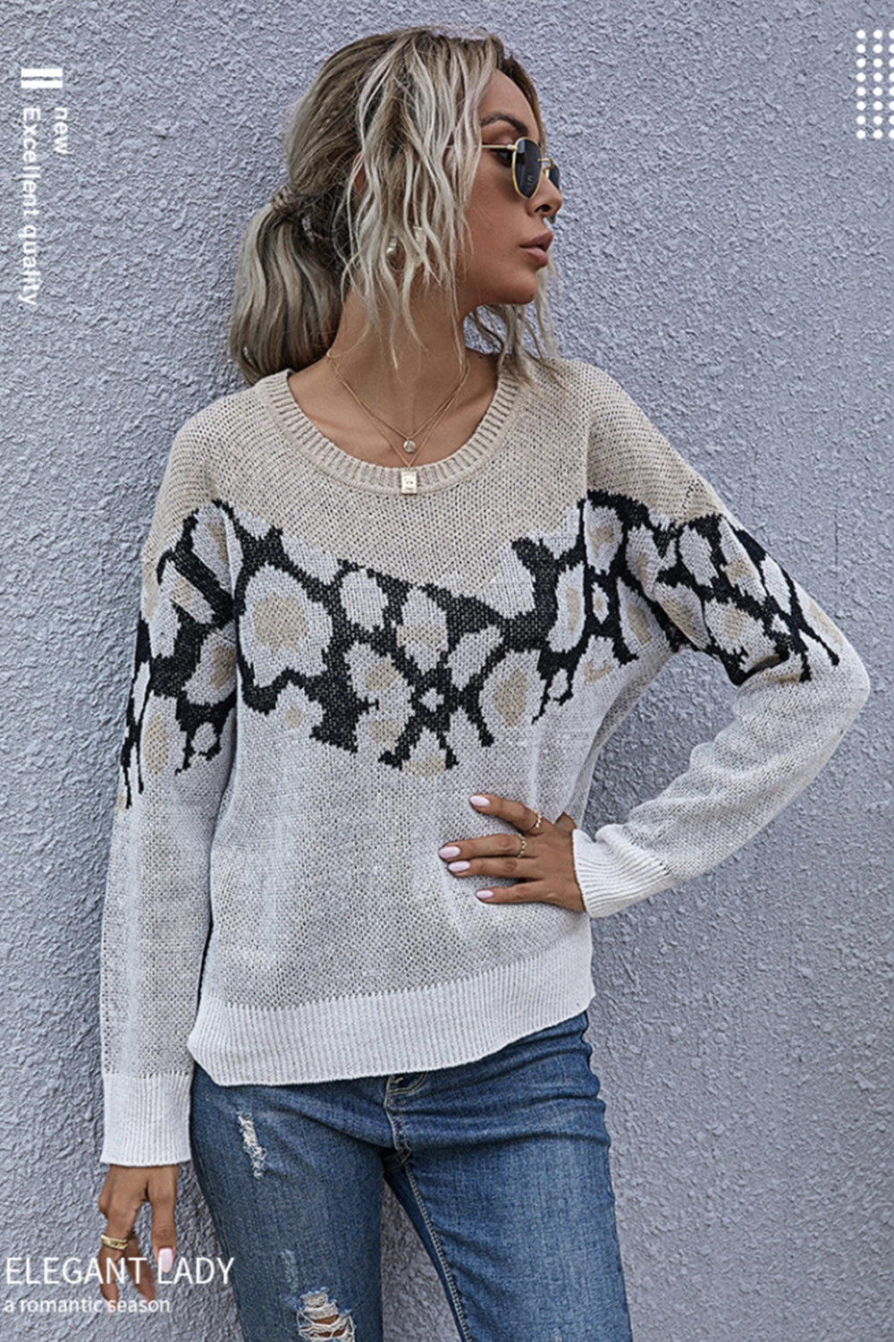 Printed Stitching Knitted Loose Top