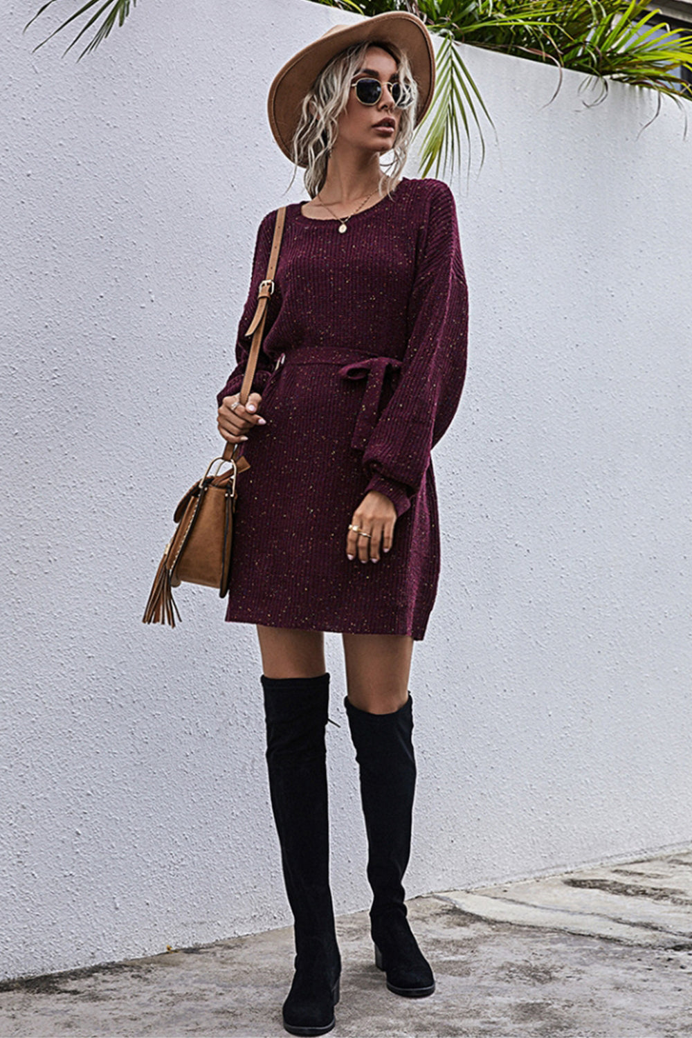 Solid Color Loose Belt Sweater Dress - Fashionpara