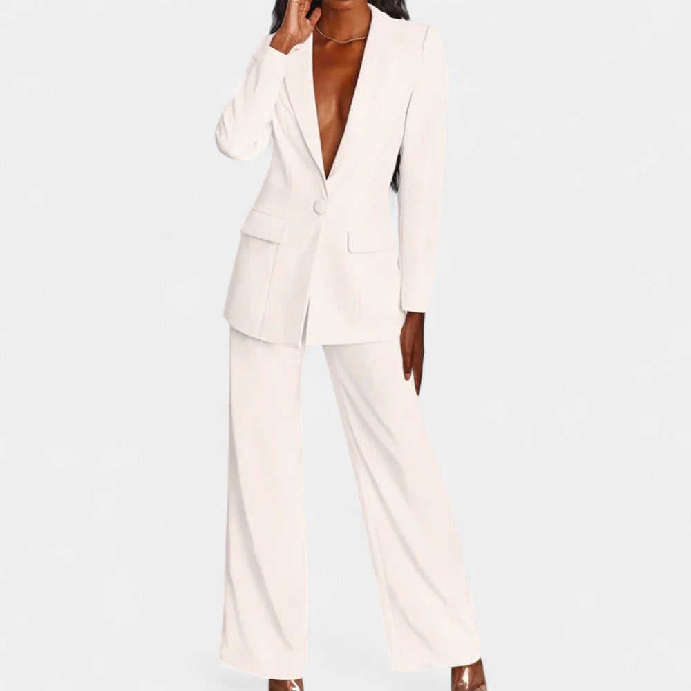 Deep V Single Button Blazer and Wide Leg Pants Two Piece Suit Set 2