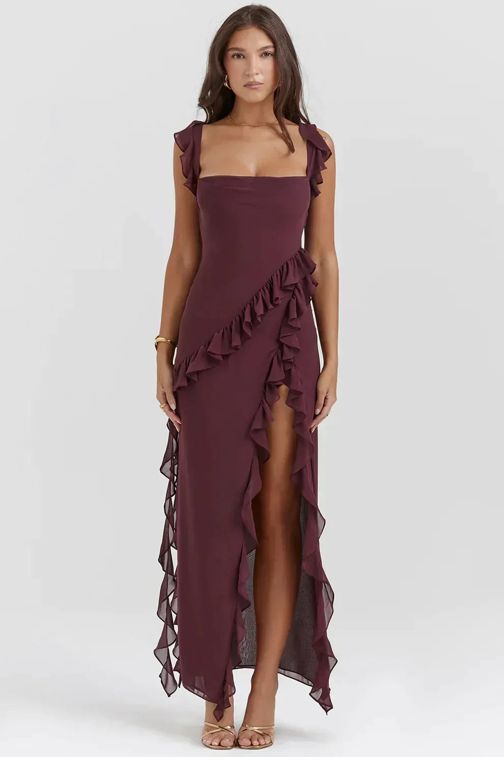 Square Neck Ruffle Strap High Split Asymmetrical Cascade Maxi Dress
