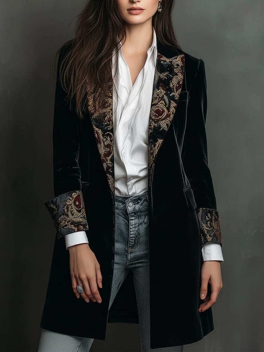 Baroque Embroidered Lapel Velvet Longline Blazer 2