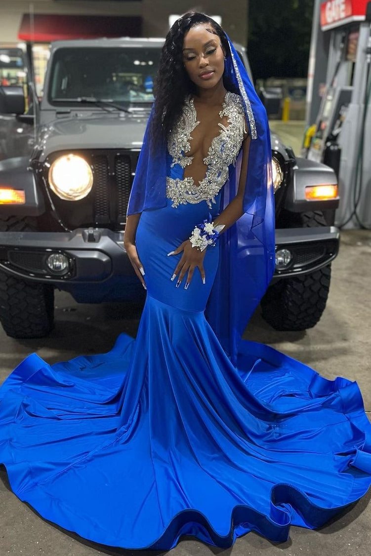 Beautiful Royal Blue Deep V-neck Mermaid Long Prom Party Dresses With Court Train - Fashionpara