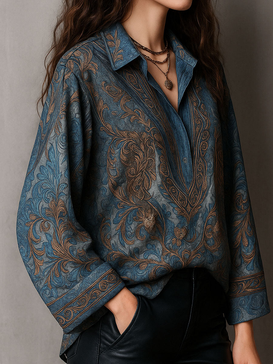 Retro Blue Bronze Baroque Paisley Print Loose Blouse - Fashionpara