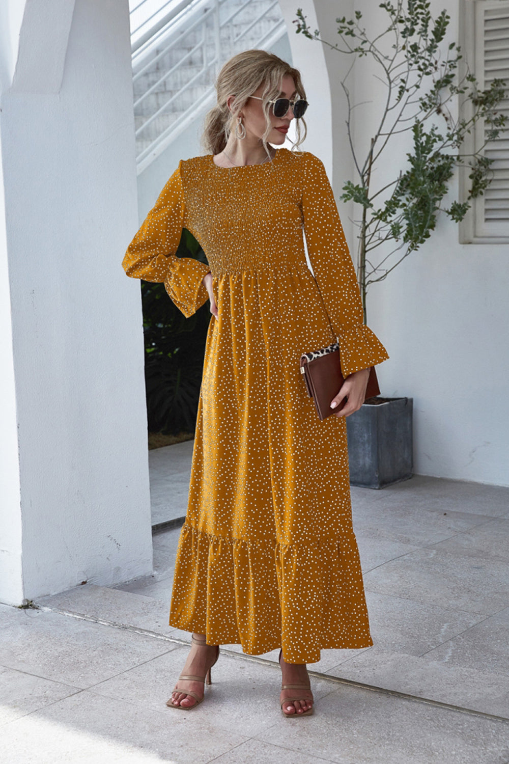 Printed Polka Dot Long Sleeve Dress - Fashionpara