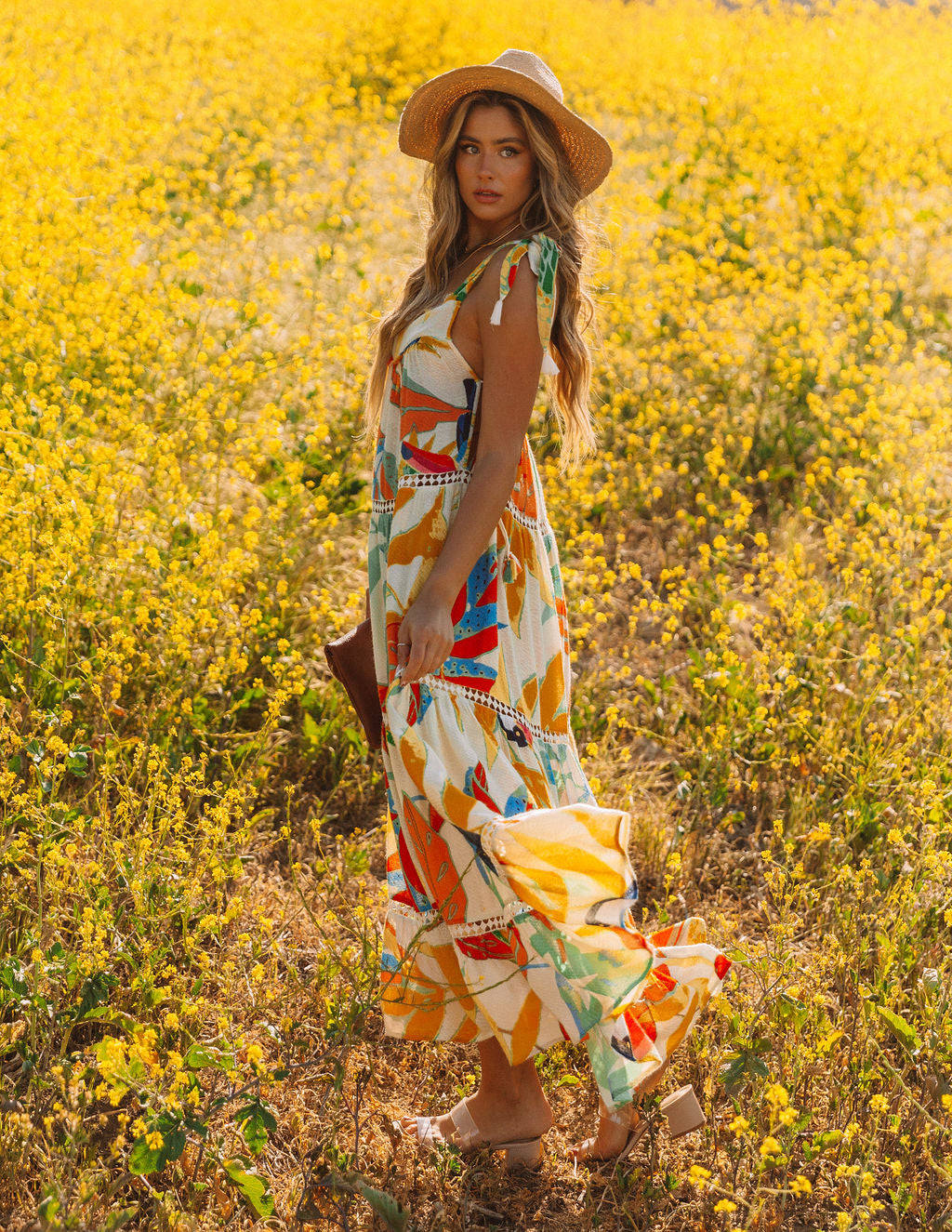 Tropical Print Square Neck Sleeveless Tiered Maxi Dress