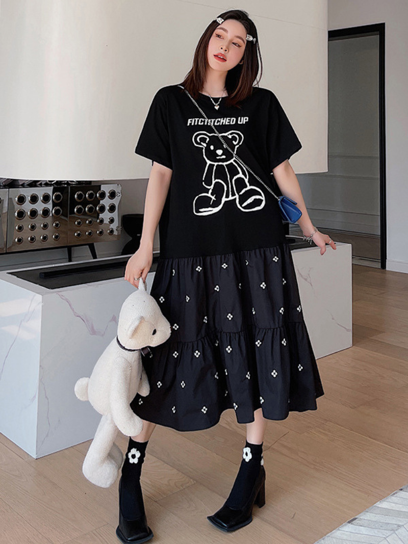 Bear Graphic Print Short Sleeve Tiered Midi Dress 3