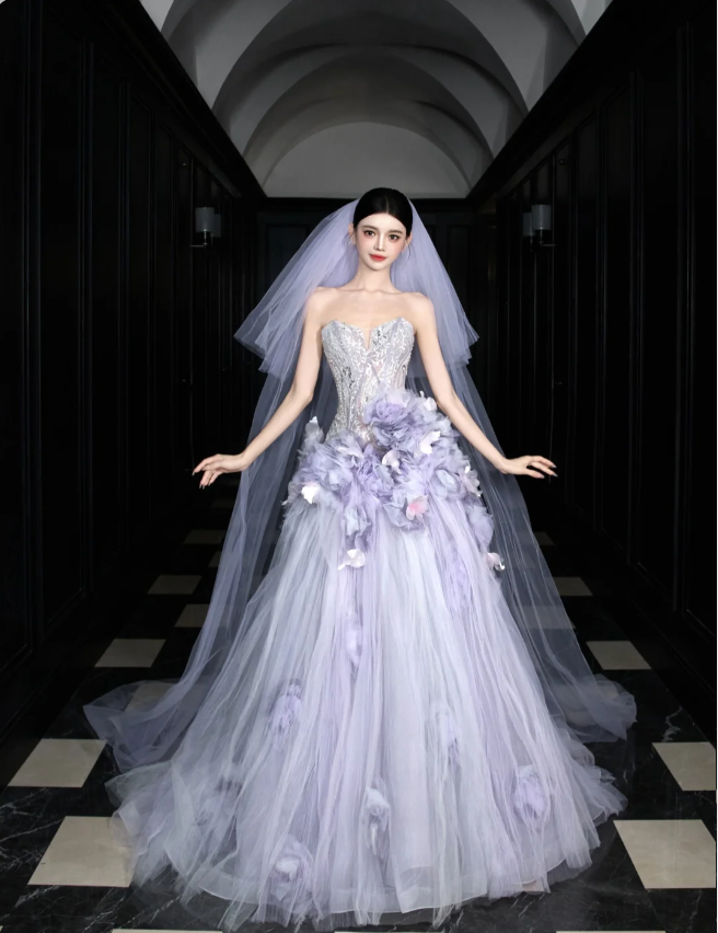 Dreamy Purple Strapless 3D Floral Tulle Train Ball Gown Evening Dress P4100