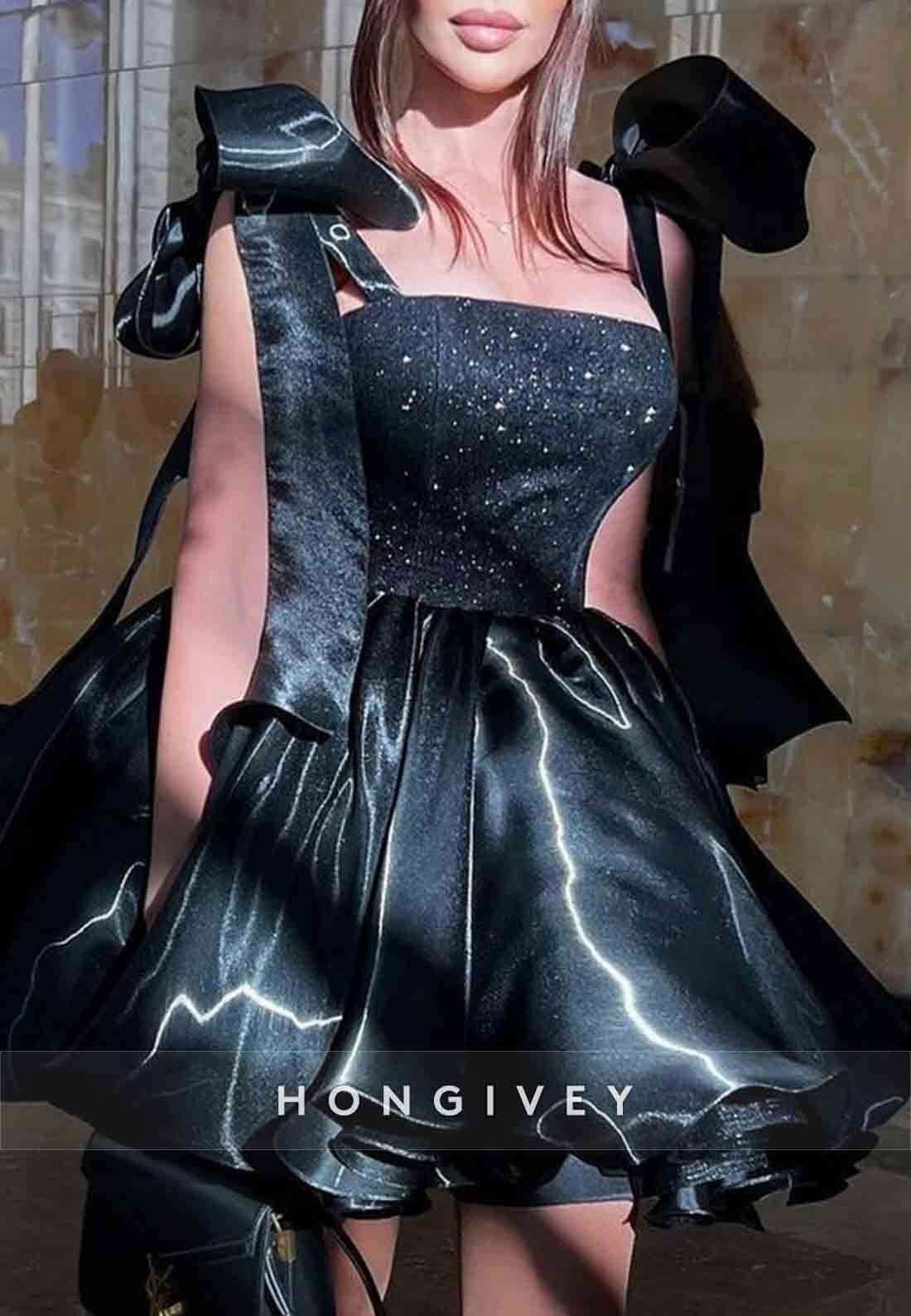 Regular Straps with Bowknots Party Dresses Ball Gown Square Satin Tie Back Short Homecoming Dresses