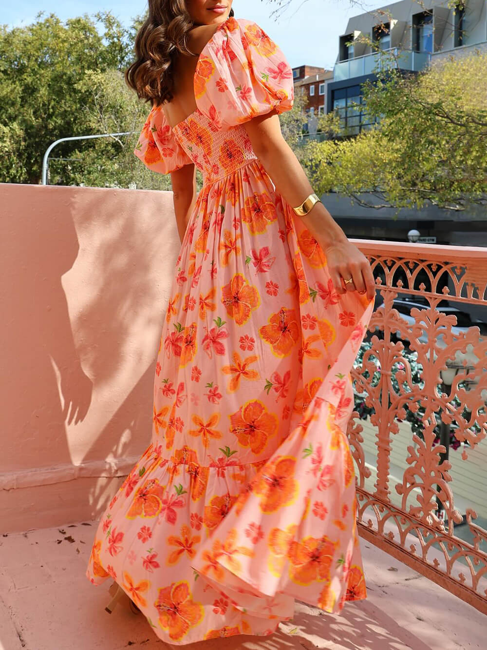Floral Print Puff Sleeve Back Smocked Pocket Maxi Dress - Fashionpara