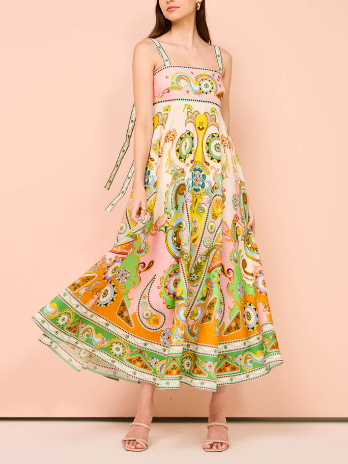 Paisley Print Square Neck Tiered A-Line Maxi Dress