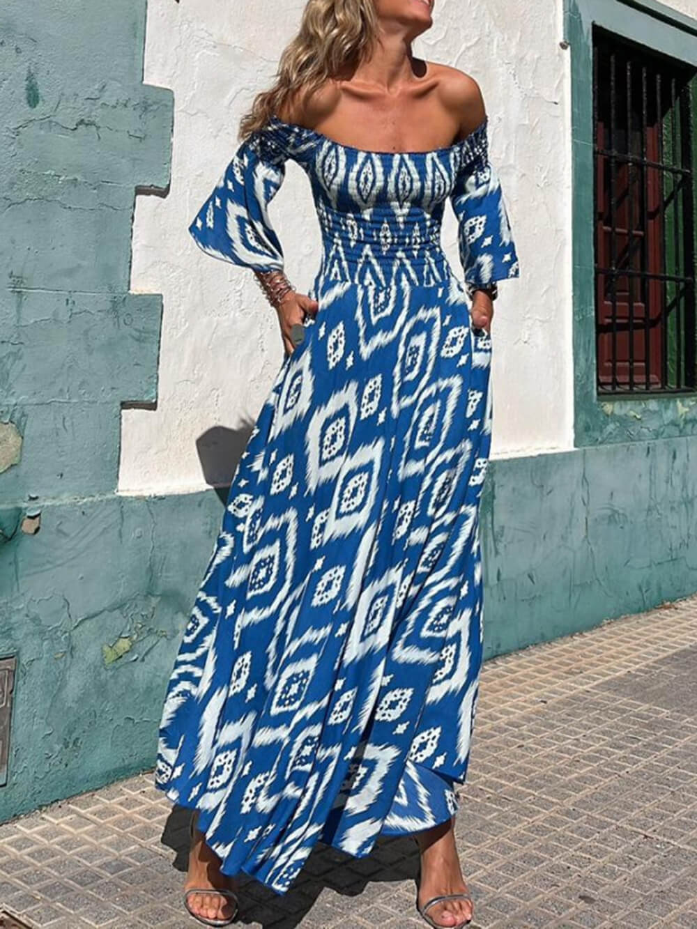 Ikat Print Off Shoulder Long Sleeve Smocked Maxi Dress