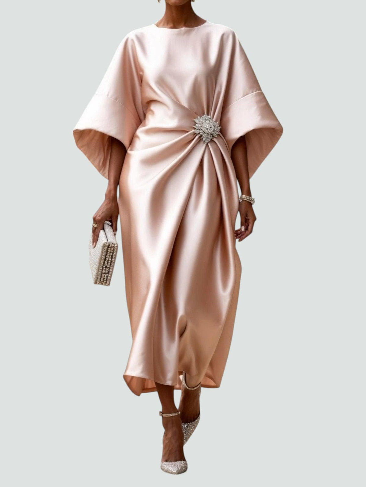 Boat Neck Batwing Sleeve Brooch Waist Satin Midi Dress 3