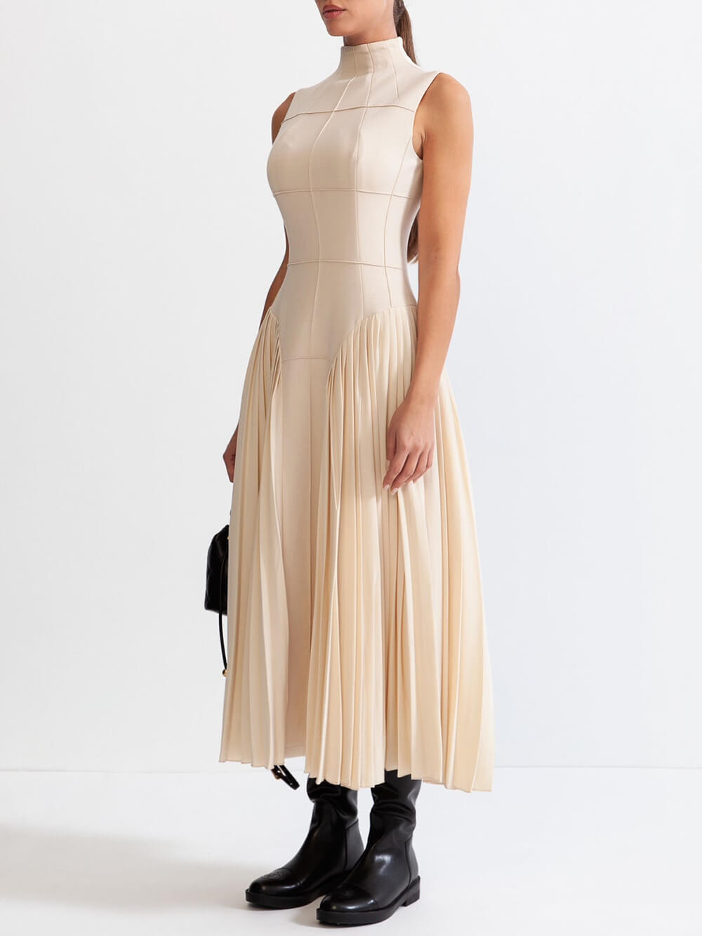 Unique Pleated Paneled Sleeveless Midi Dress - Fashionpara