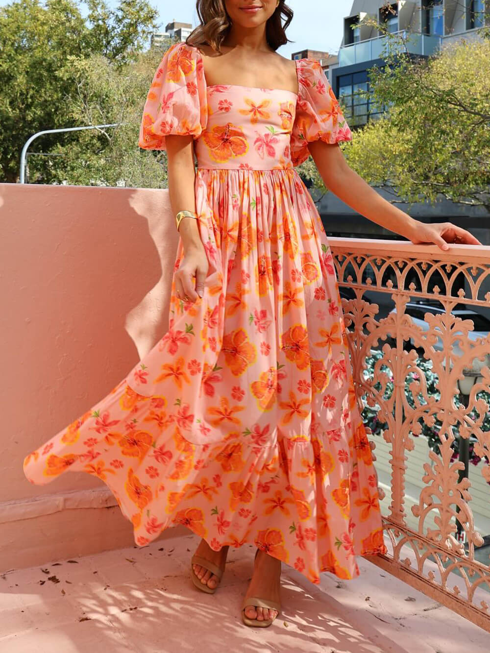 Floral Print Puff Sleeve Back Smocked Pocket Maxi Dress - Fashionpara