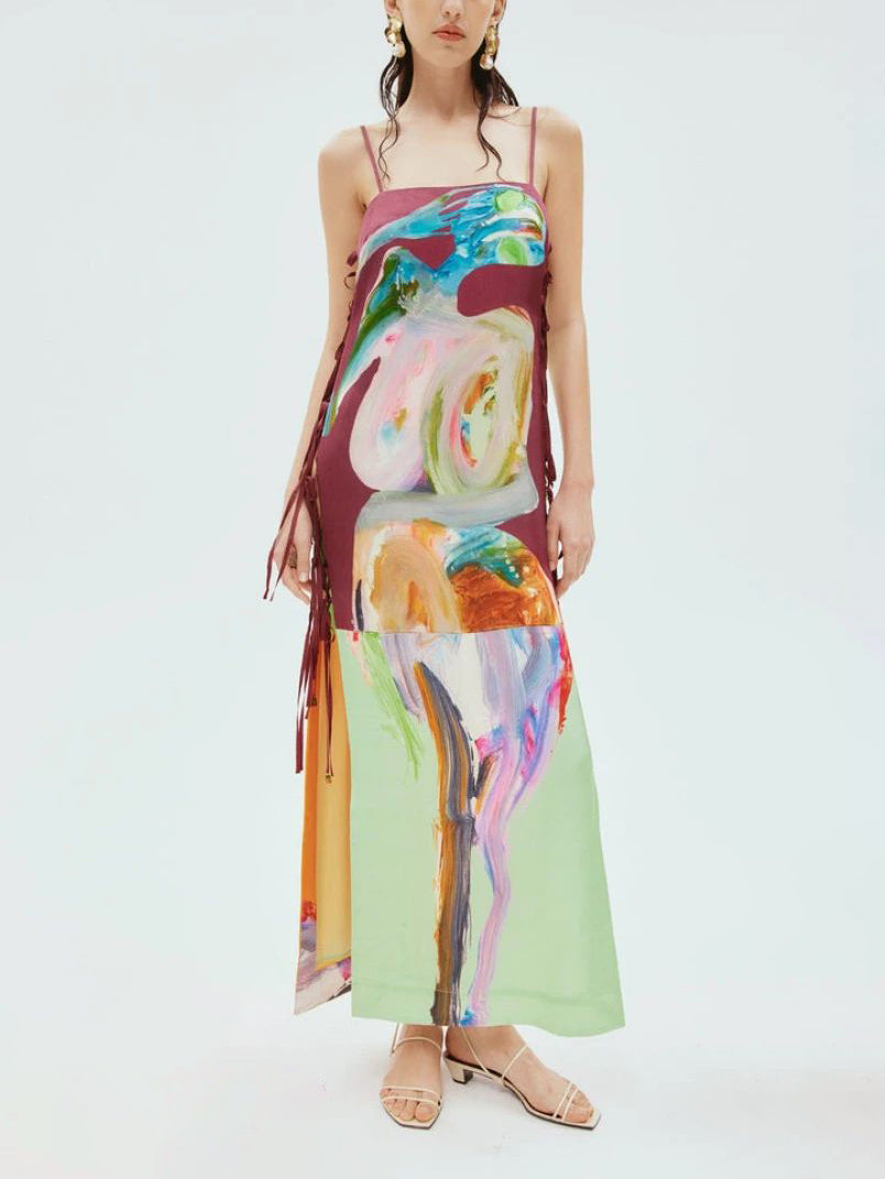 Exquisite Art Graffiti Side Lace-up Midi Dress - Fashionpara