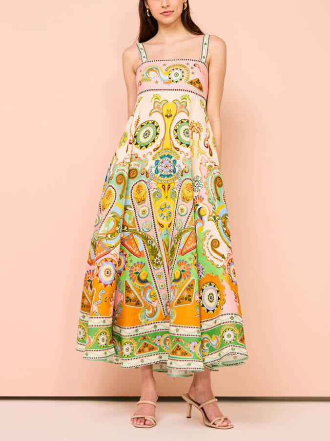Paisley Print Square Neck Empire Waist Tiered Maxi Dress