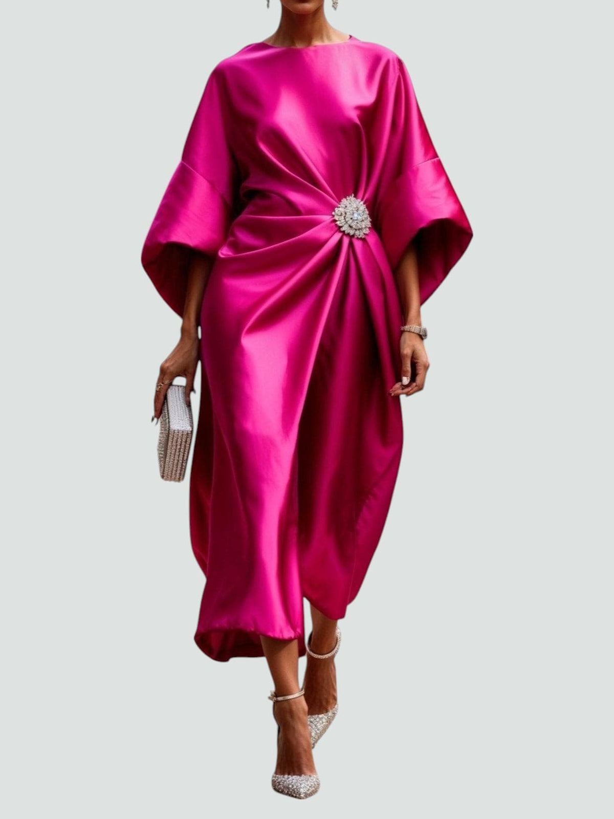 Boat Neck Batwing Sleeve Brooch Waist Satin Midi Dress 6