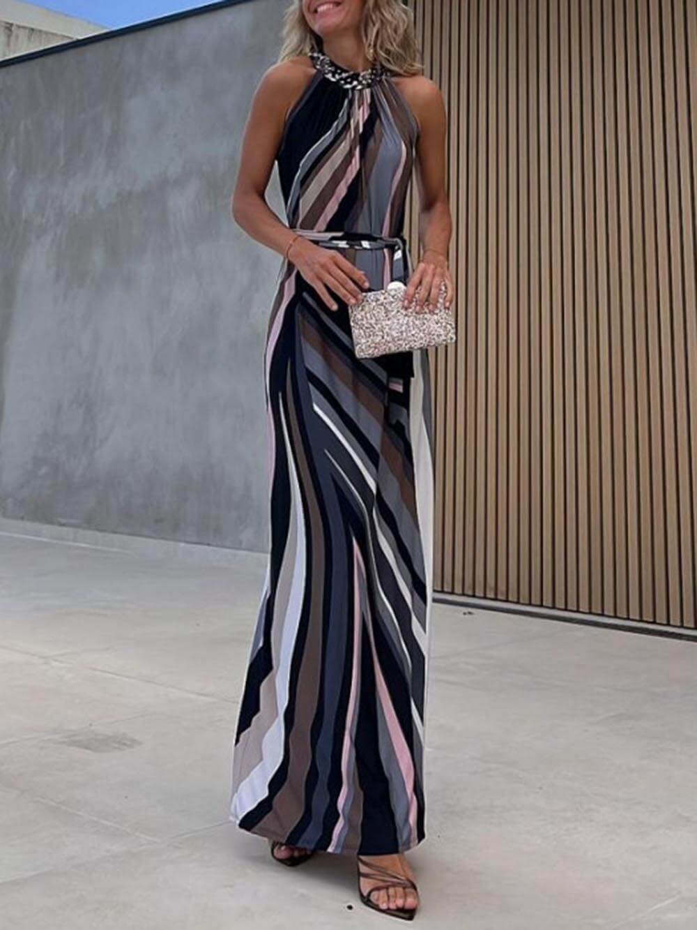 Casual Loose Halterneck Striped Gradient Print Maxi Dress - Fashionpara