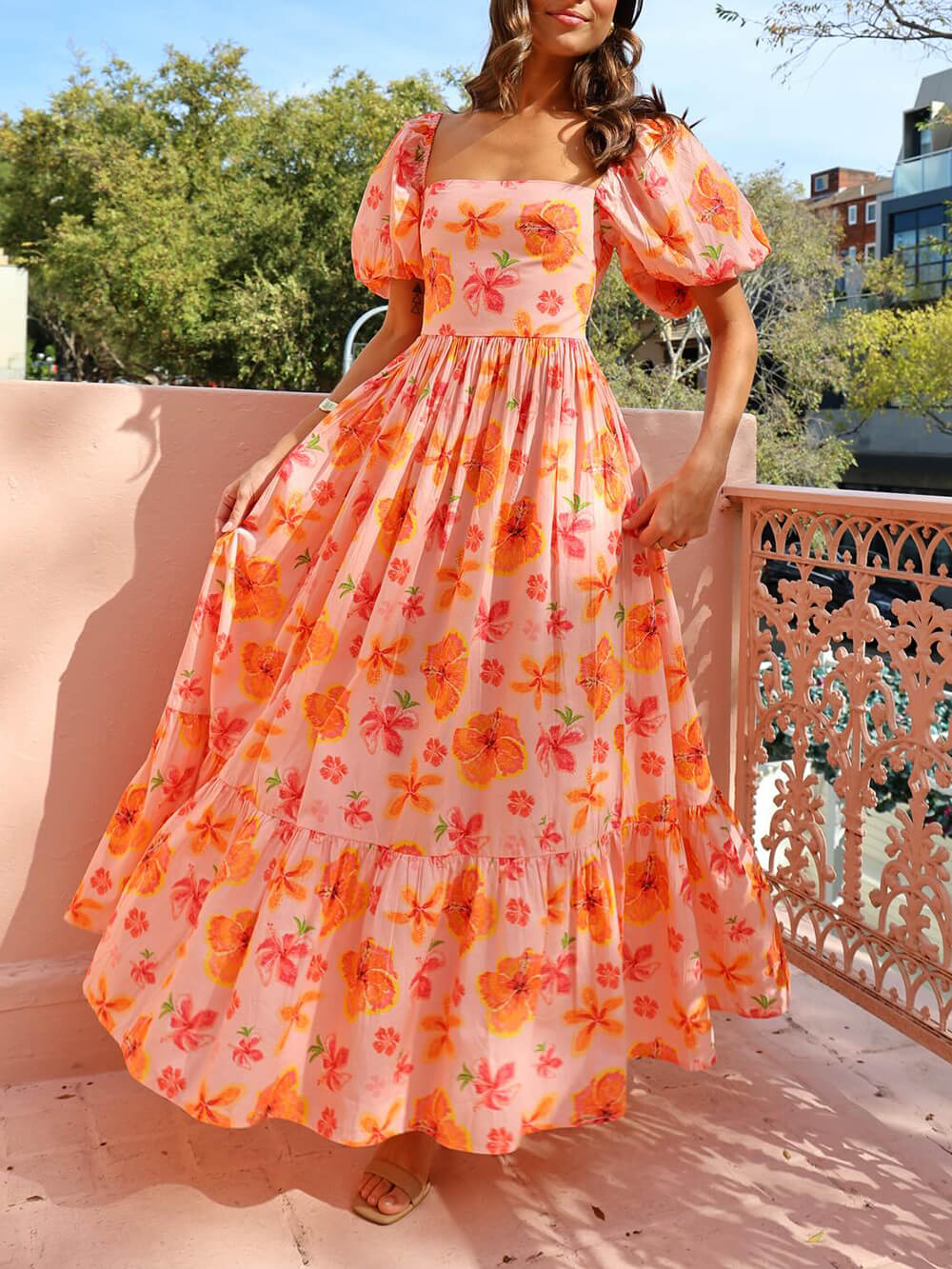 Floral Print Puff Sleeve Back Smocked Pocket Maxi Dress - Fashionpara