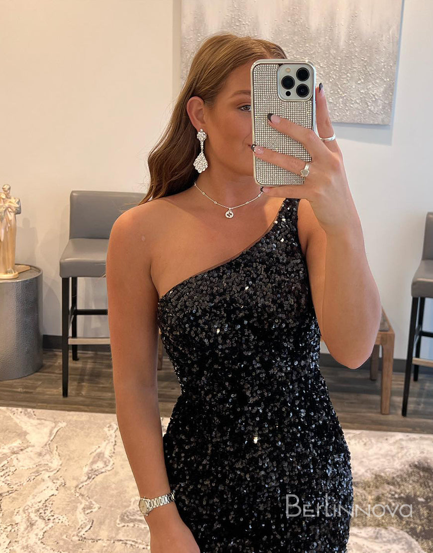Glitter One-Shoulder Black Homecoming Dress With Sequins - Fashionpara