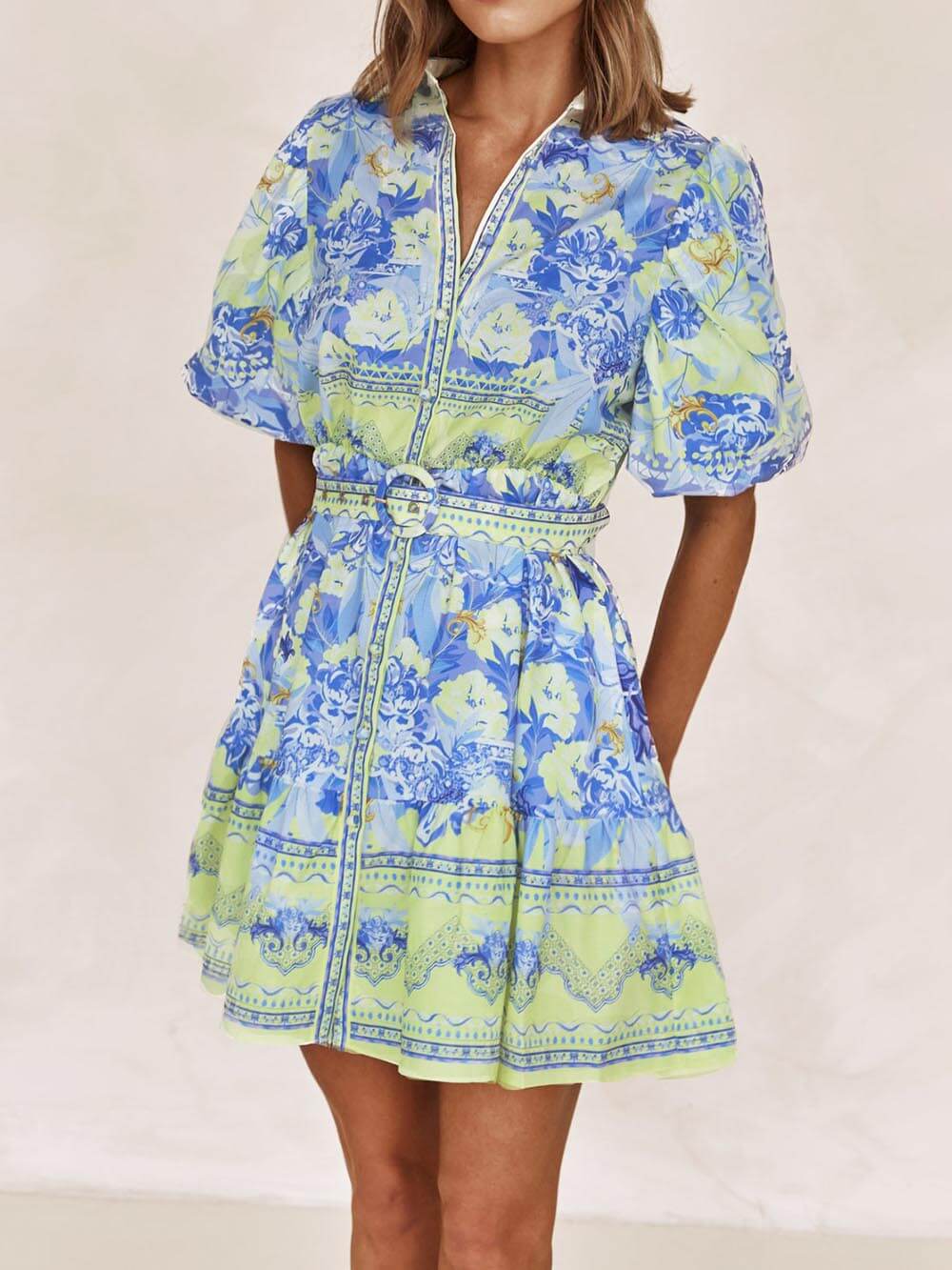 Blue And Yellow Floral Print Mini Dress - Fashionpara