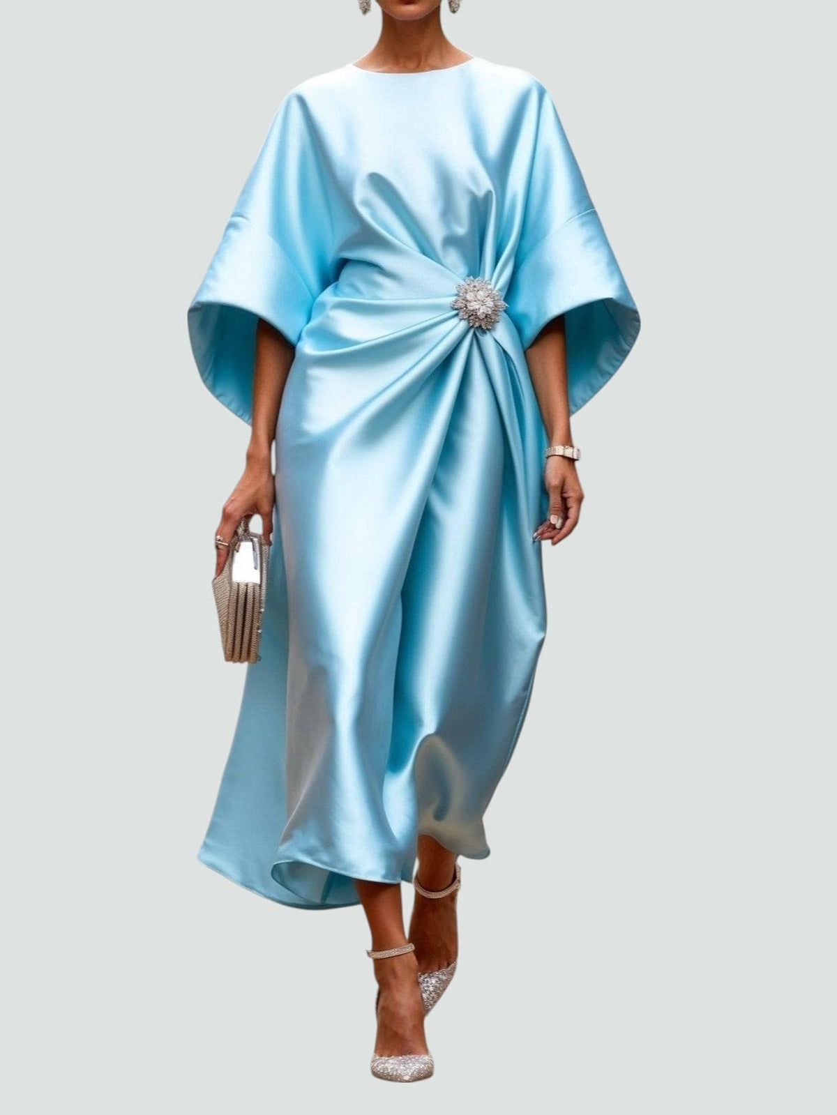 Boat Neck Batwing Sleeve Brooch Waist Satin Midi Dress 5