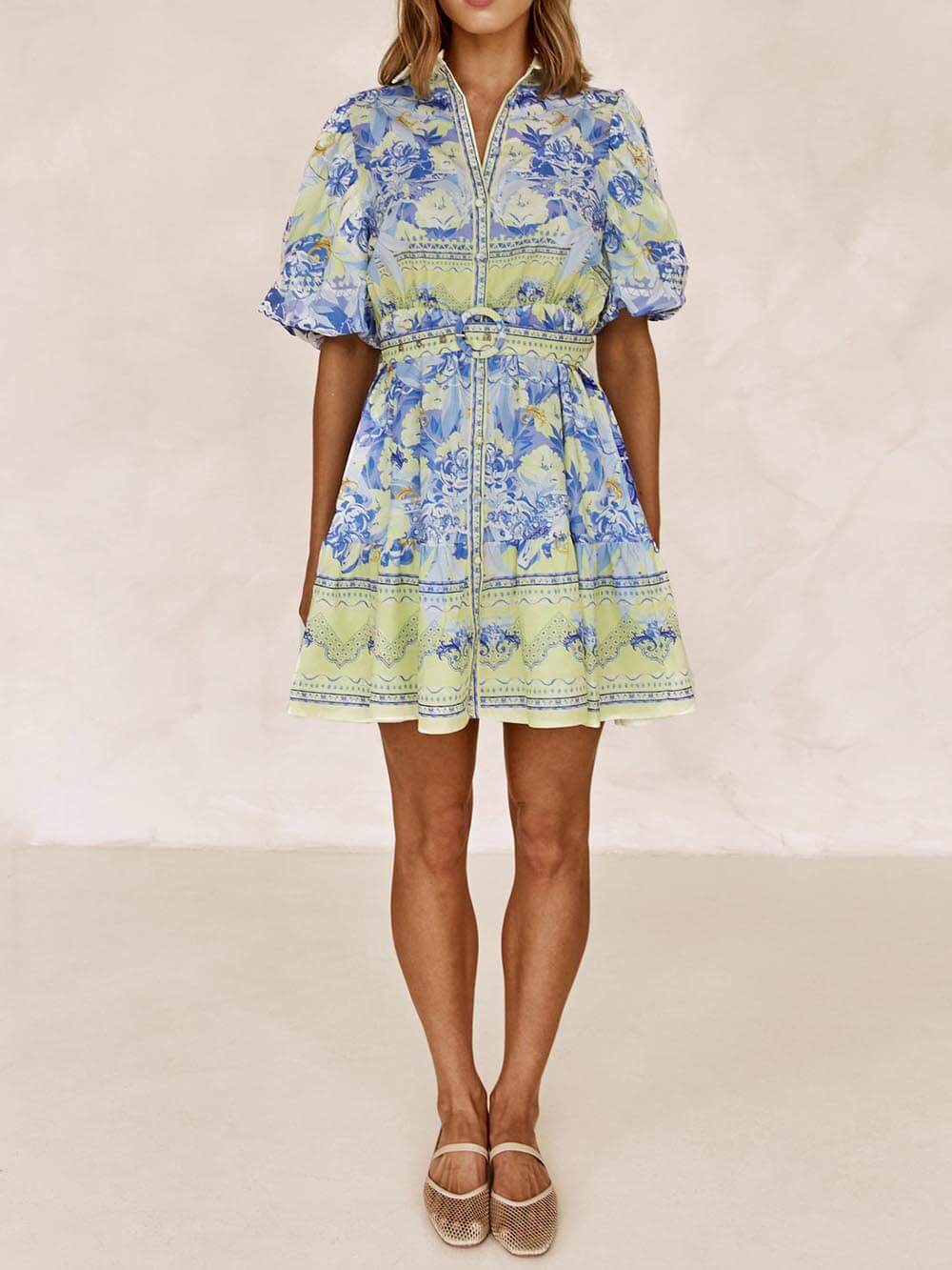 Blue And Yellow Floral Print Mini Dress - Fashionpara
