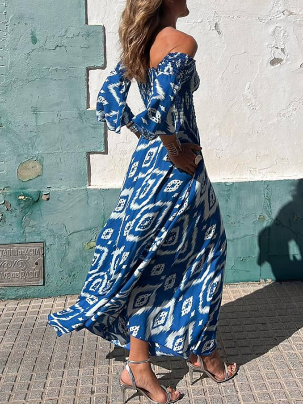 Ikat Print Off Shoulder Long Sleeve Smocked Maxi Dress 4
