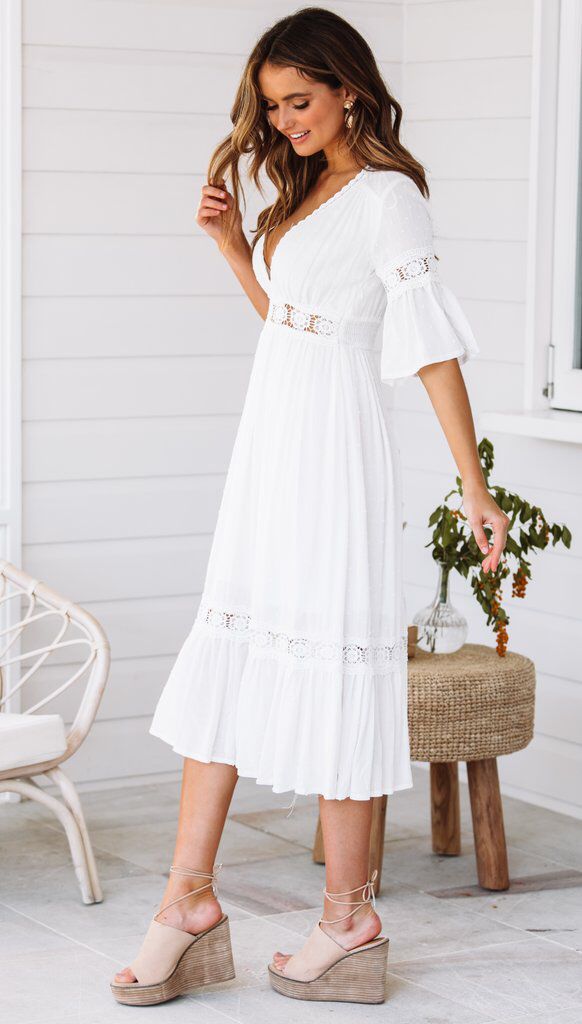 White V Neck Ruffle Hem Lace Dress - View 4
