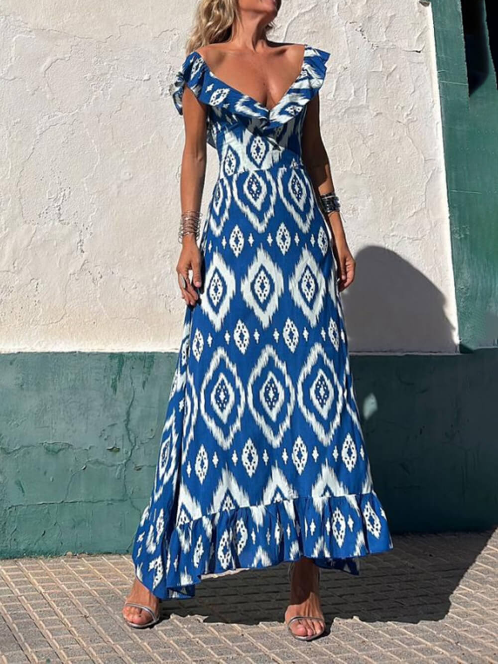 Ethnic Print Smocked Bust Ruffle Neck Maxi Dress - Fashionpara