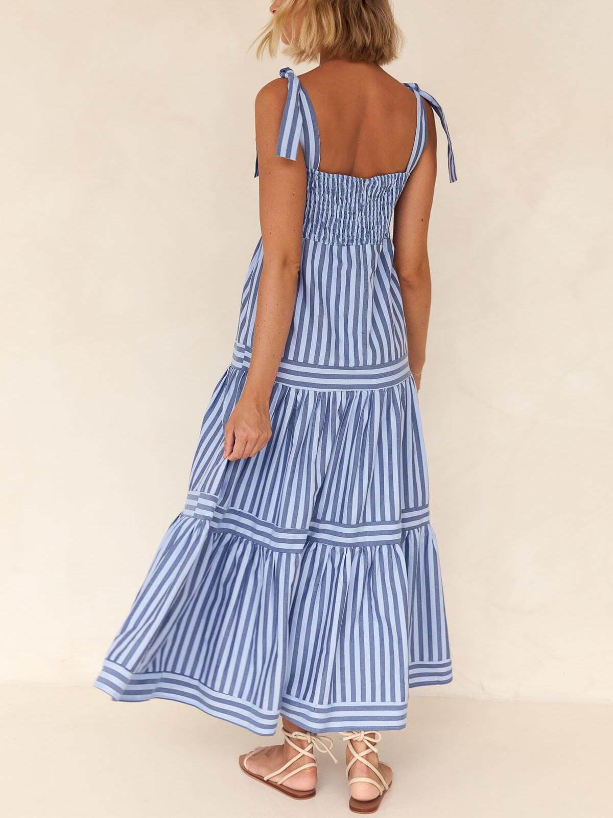 Lace-Up Striped Square-Neck Midi Dress - Fashionpara