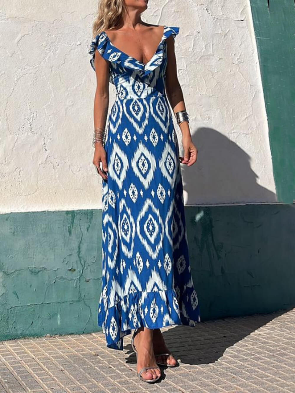 Ethnic Print Smocked Bust Ruffle Neck Maxi Dress - Fashionpara