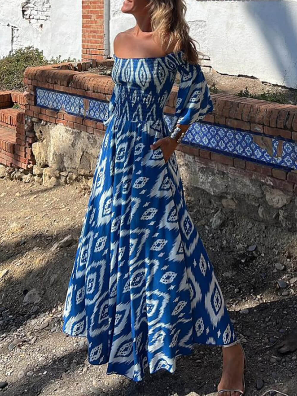 Ikat Print Off Shoulder Long Sleeve Smocked Maxi Dress 5
