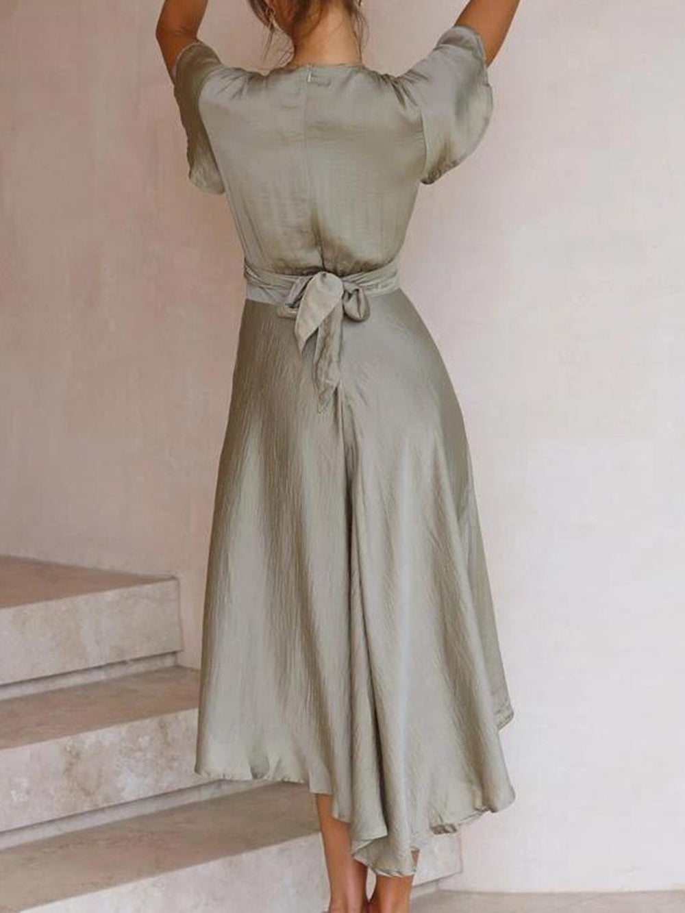 Sage Satin Maxi Wrap Dress: Twist Front Cutout - View 5