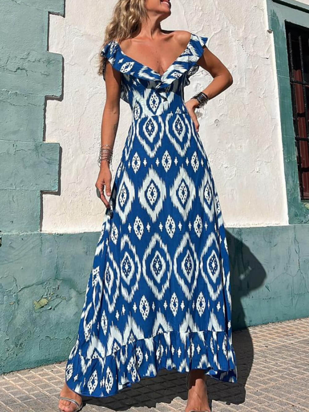 Ethnic Print Smocked Bust Ruffle Neck Maxi Dress - Fashionpara
