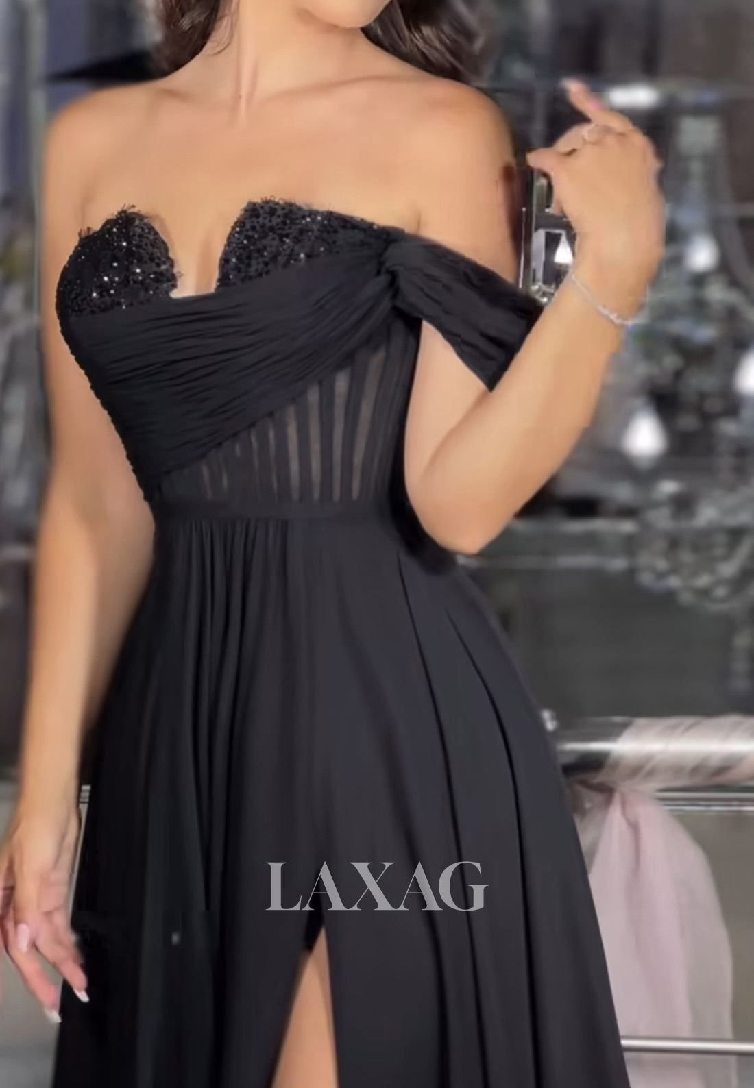 One-Strap Off-Shoulder Sleeveless Party Gowns Beaded Sweetheart Pleated A-Line Prom Dress with Slit