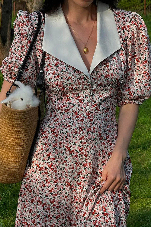 Puff Sleeve Digital Print Peter Pan Collar High Waist Maxi Floral Dress