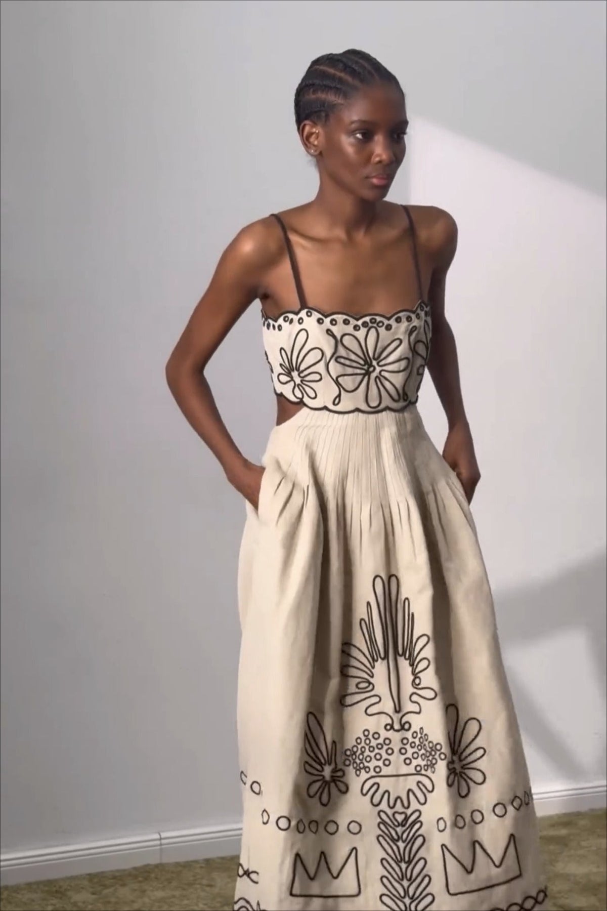Embroidered Square Neck Pleated A-Line Dress 2