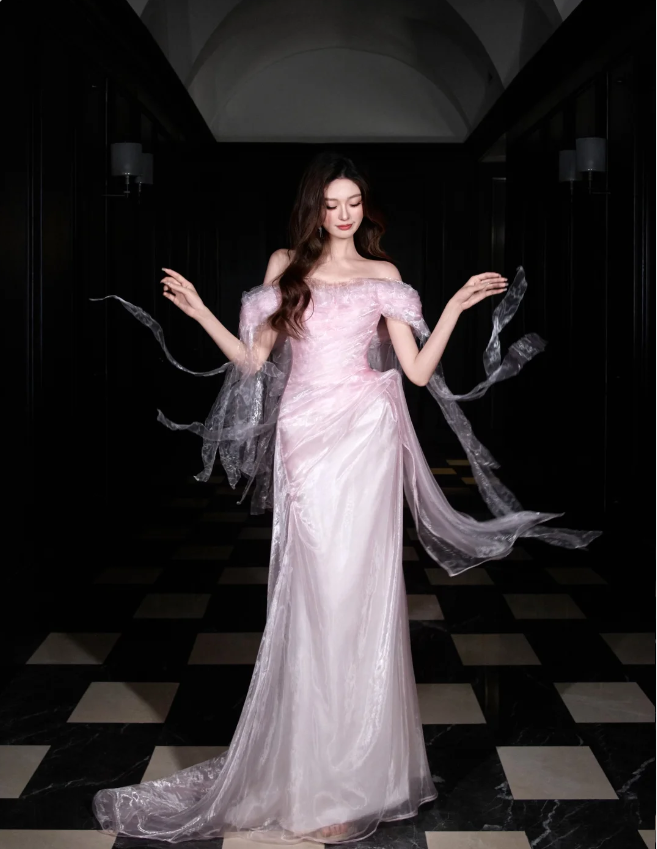 Sweet Light Pink Mermaid Off-shoulder Organza Prom Dress Evening Dress P4101