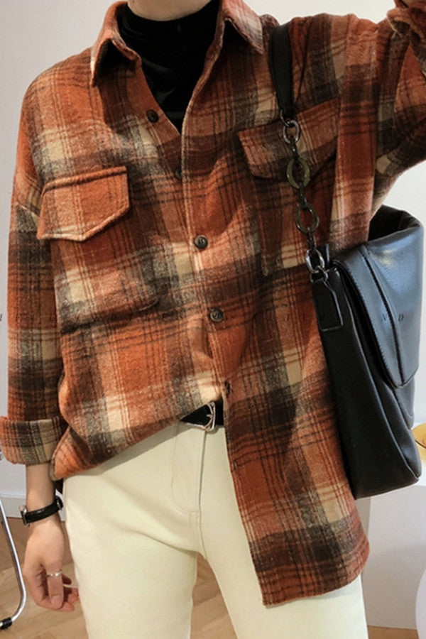 Brushed Plaid Pocket Coat for Effortless Style and Comfort
