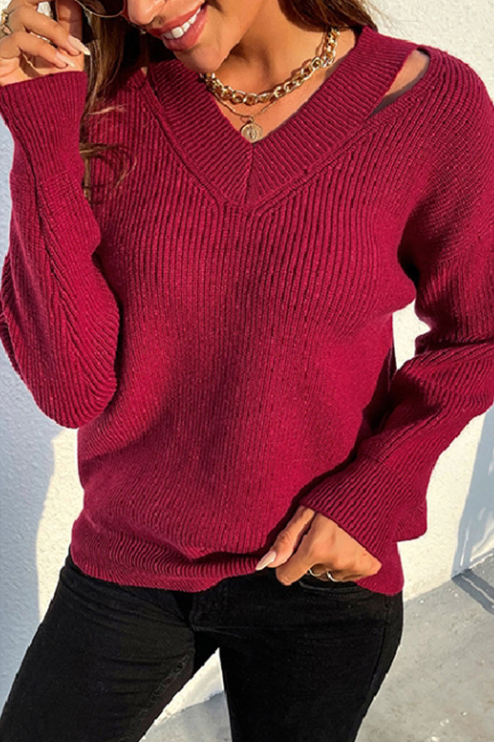 RadyRin V-Neck Solid Color Sweater for Effortless Style