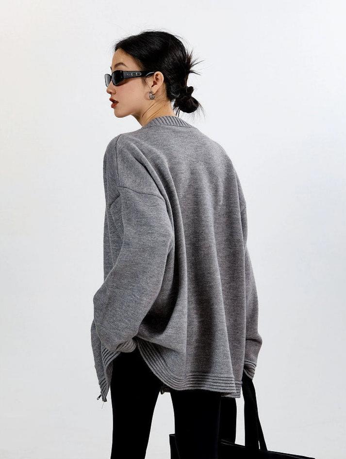 Ribbed Trim Oversized Button Zip Knit Cardigan