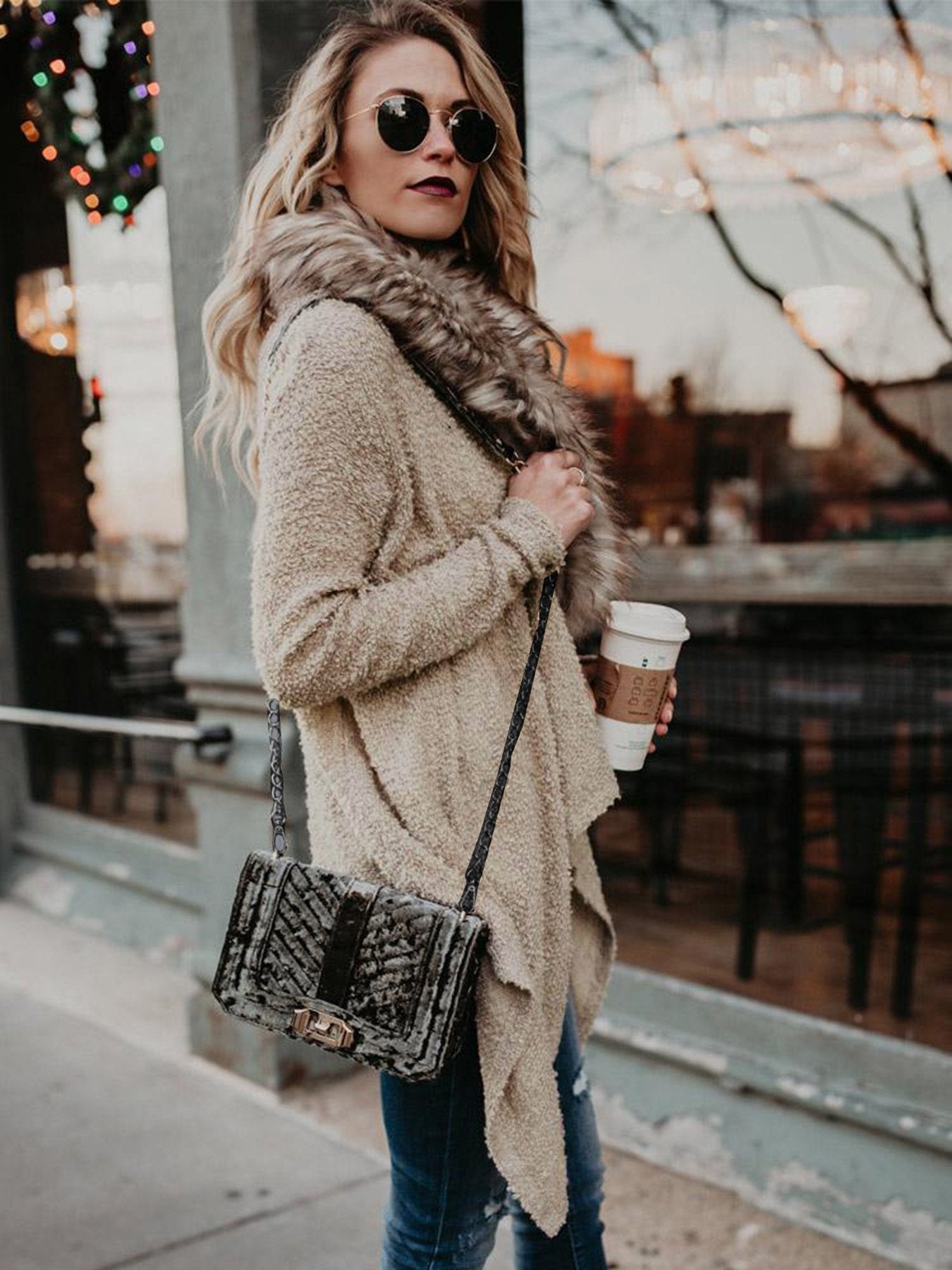 Florcoo Luxe Plush Trench Coat with Elegant Fur Collar