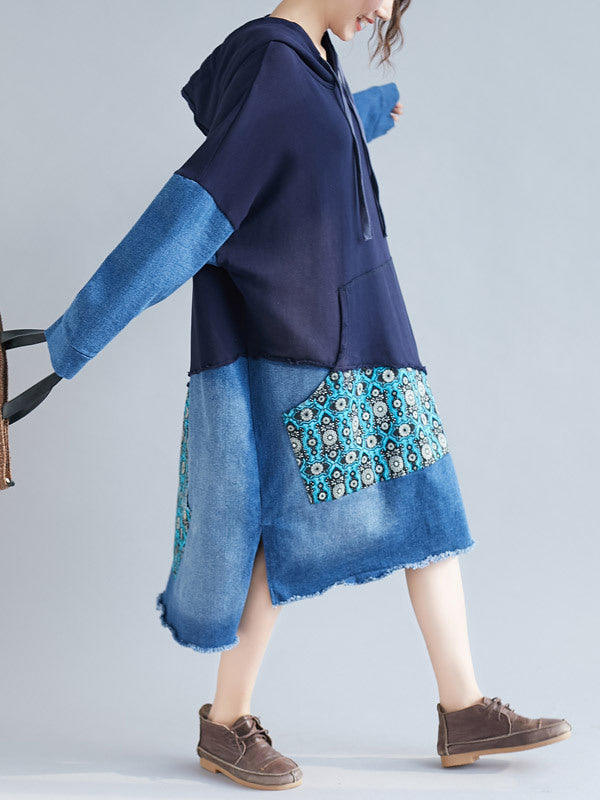 Patchwork Hooded Long Sleeve Kangaroo-Pocket Midi Dress 5