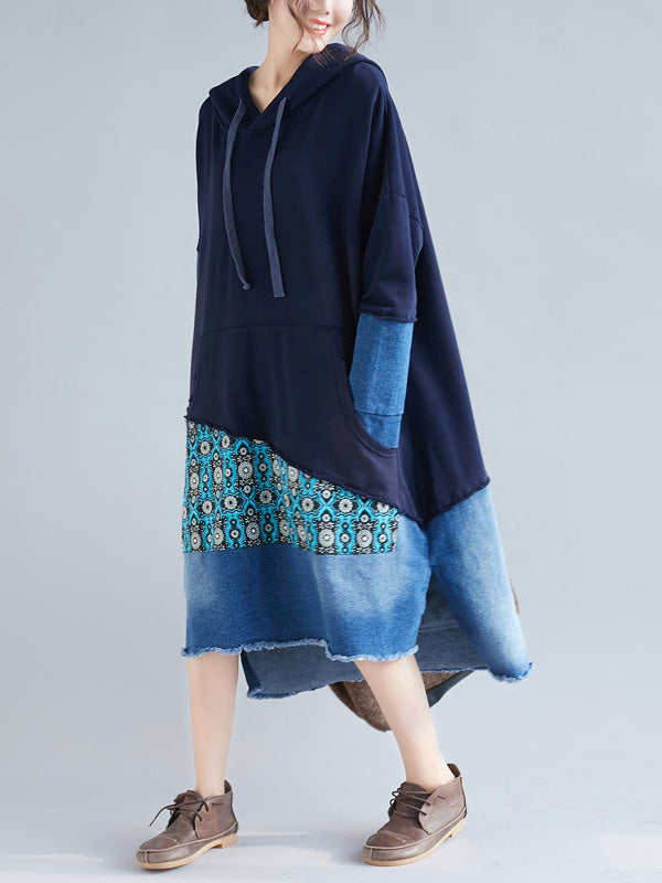 Patchwork Hooded Long Sleeve Kangaroo-Pocket Midi Dress 3