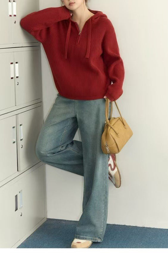 Drawstring Hooded Knit Sweater