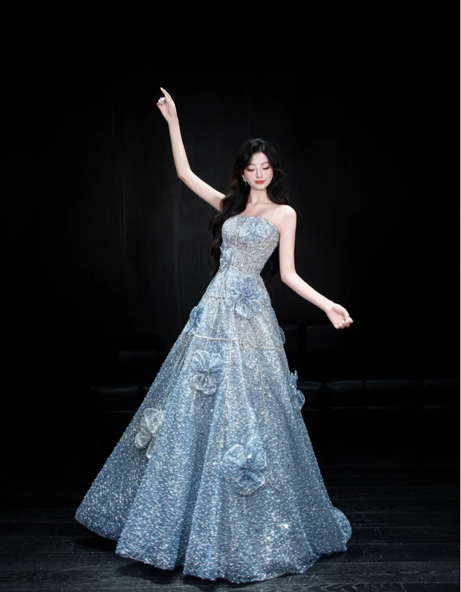 Elegant Blue A-line Strapless 3D Floral Sequined Tulle Long Prom Dress Evening Dress P4102